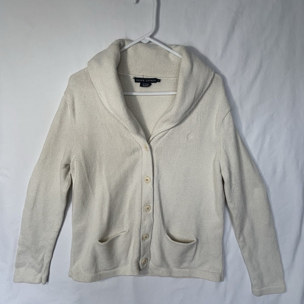 Ralph Lauren Cream Shawl Collar Cardigan Sweater 100% Cotton Vintage Y2K Size XL
